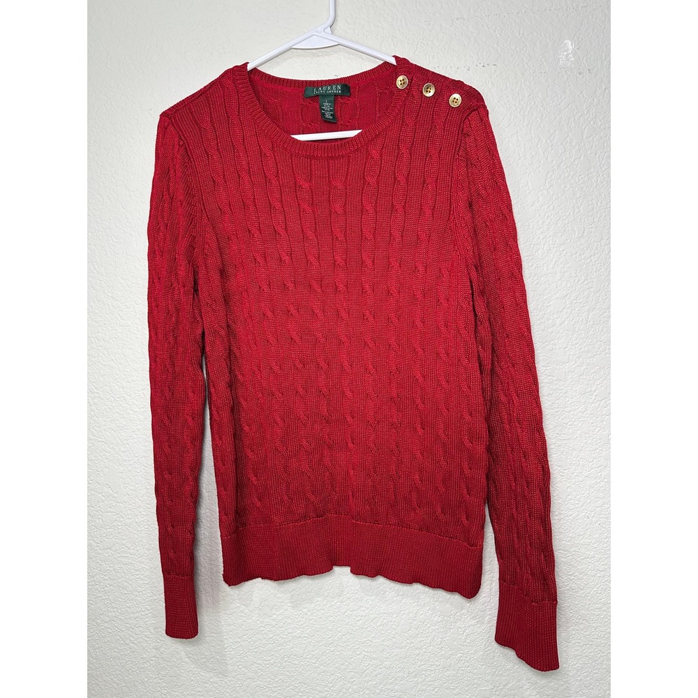Lauren Ralph‎ Lauren Red Cable Knit Sweater Gold Shoulder Buttons Womens L
